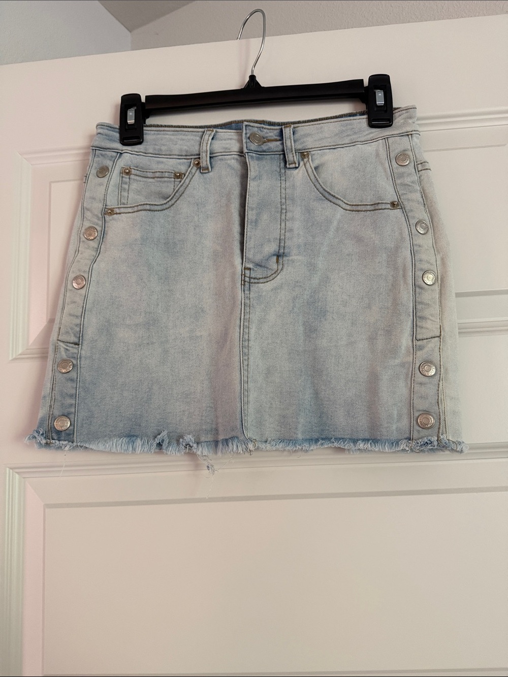 Peach Love California Light Wash Denim Mini Skirt with Snap Side Detail